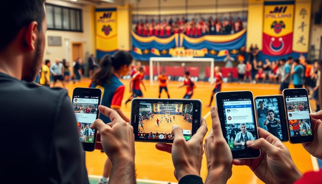 A lively futsal community gathering, captured through the lens of social media. In the foreground, a group of players engaged in a spirited match, their movements frozen in time. The middle ground features a collage of smartphones and tablets, their screens filled with live-streamed footage, comments, and shares. In the background, a vibrant backdrop of brightly colored futsal court, team banners, and cheering spectators. The scene is bathed in warm, natural lighting, creating a sense of energy and camaraderie. The overall composition conveys the integral role that social media plays in amplifying the shared experiences and strengthening the bonds within a local futsal community.