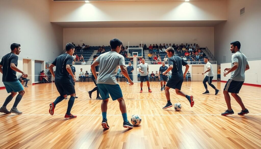 A vibrant indoor futsal court, with a well-lit hardwood floor and bright white walls. In the foreground, a group of young men engaged in a dynamic training session, their bodies in motion as they dribble the ball and execute precise passes. Midground, a coach stands observing, offering instructions and feedback. The background features spectator seating, creating an atmosphere of an active community event. The lighting is warm and even, casting a sense of energy and focus throughout the scene. The lens is wide, capturing the full breadth of the court and training activities, inviting the viewer to feel immersed in the training experience.